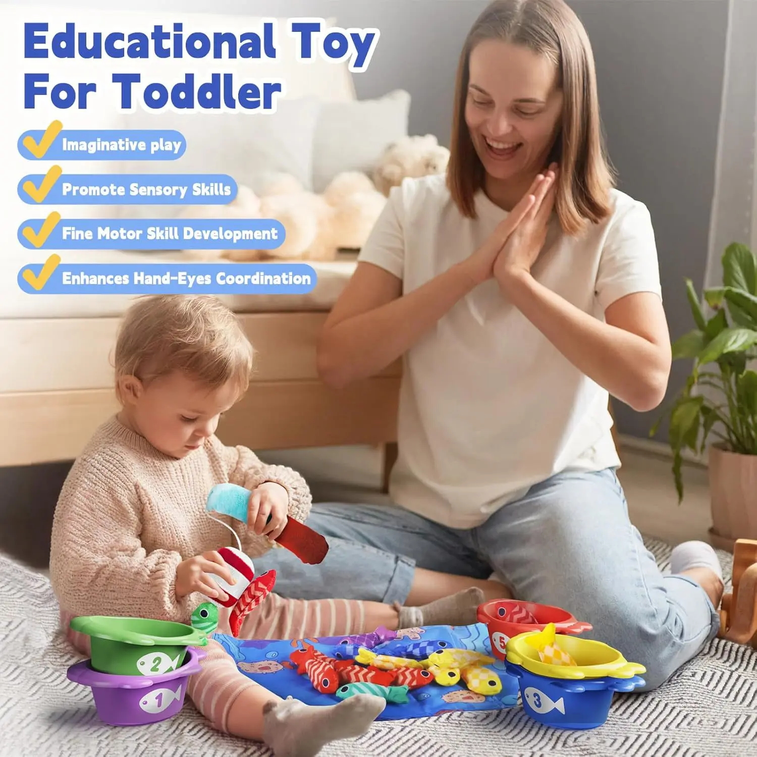 ألعاب مونتيسوري لعبة صيد القماش لعبة أطفال مع أكواب تراص فرز تعليمية تعليمية للأطفال الصغار لعبة حسية هدايا