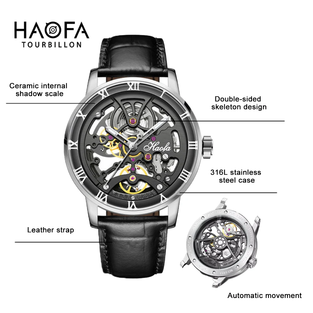 

Haofa Man Watch Automatic Mechanical Skeleton Luxury High Quality Sapphire Waterproof Leather Ceramic Scale 1933 Watch for Work