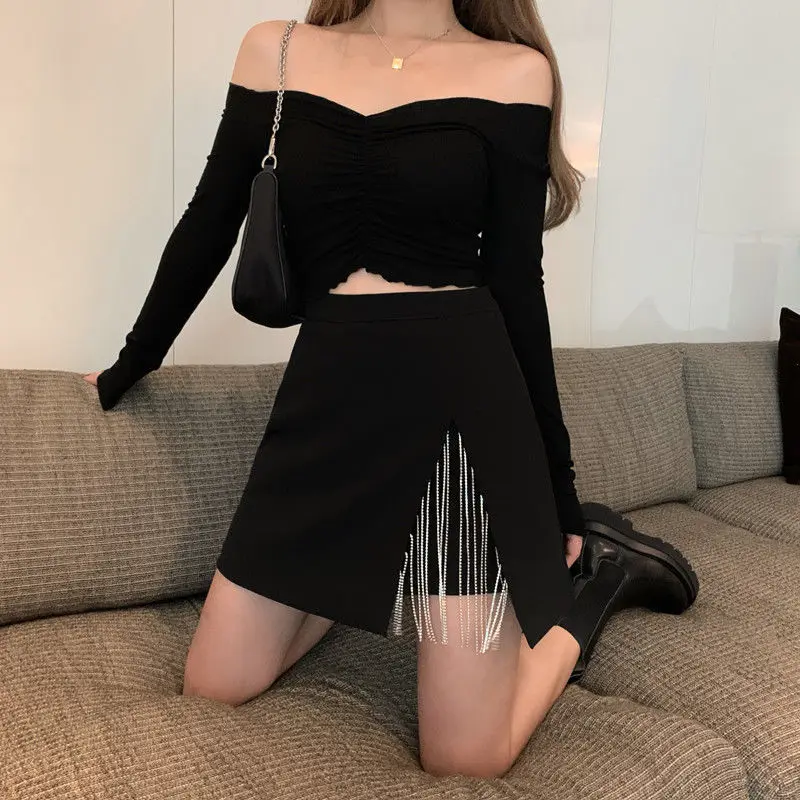 

Tassel Mini Skirts Women Irregular Streetwear Sexy A-line Black Vintage Harajuku Hipster Stylish Clothing All-match High Waist
