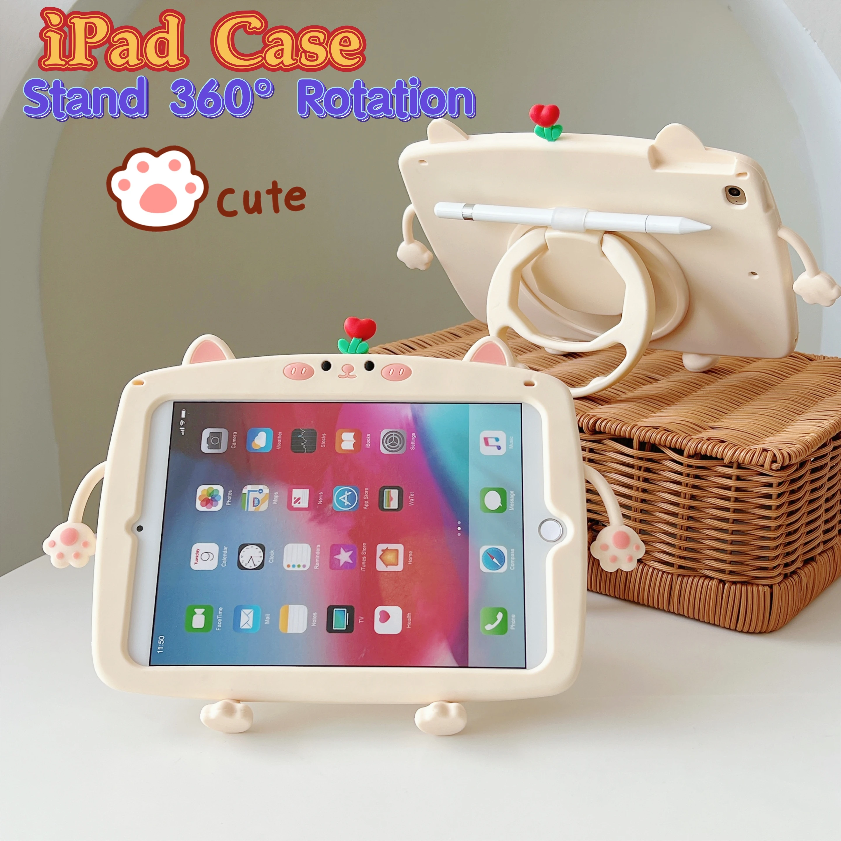 Cute Kitten Tablet Cover For iPad 10th 10.9 7th 8th 9th 10.2 Generation Swivel Stand Kids Case For iPad Air 1 2 3 4 5 Pro 11 9.7