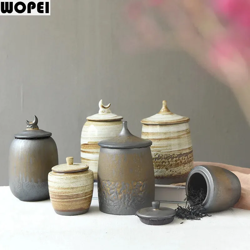 Vintage Tea Jar Sealed Jar Storage Tank Ceramic Tea Caddy Dry Goods Storage Box Moisture Proof Teas Box Storages Bottle