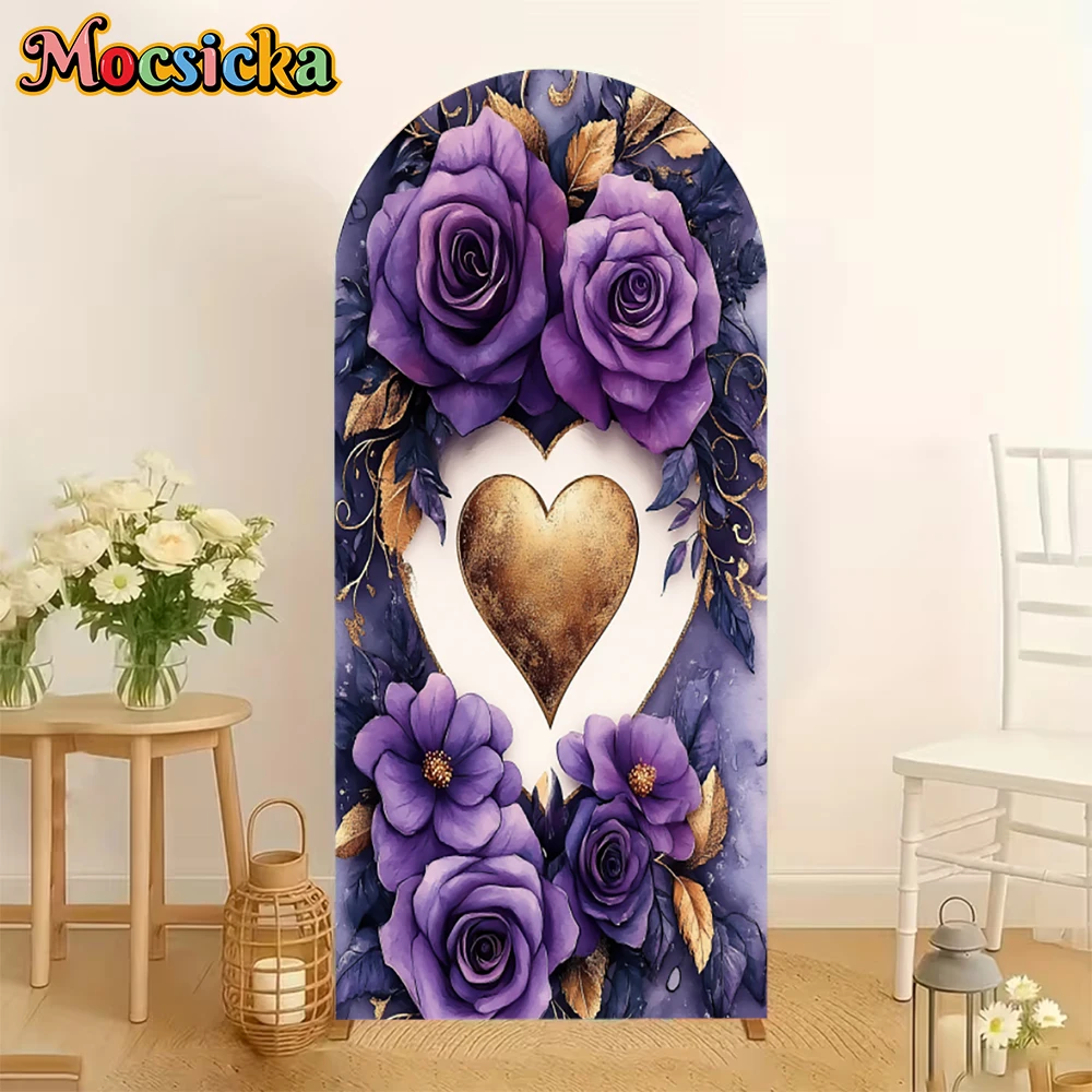 Mocsicka Arch Backgrounds Double-Sided Mr&Mrs Love Golden Heart Party Arched Covers Backdrops Purple Flowers Decors Studio Props