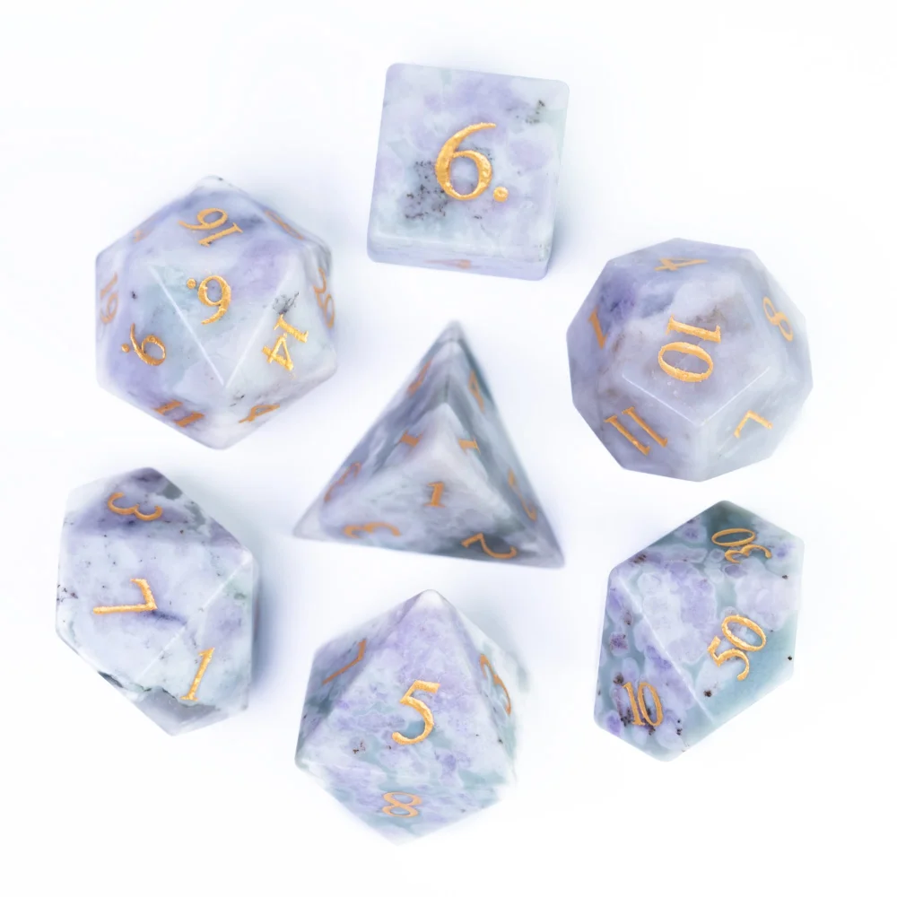 Cusdie Auspicious Jade Stone Dice, 7Pcs Handmade 16mm Polyhedral Gemstone Dice Set with Leather Box, D&D Dices for Collection