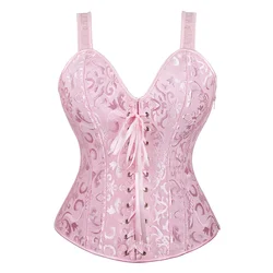 Pink Corset for Women Shoulder Strap Sexy Bustier Top Vest Zipper Lingerie Plus Size Gothic Victorian Burlesque Halloween Black