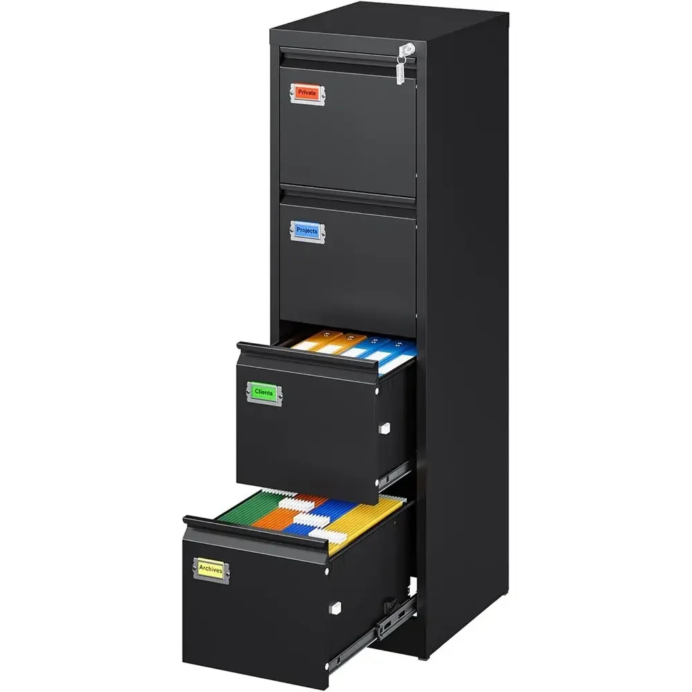 4-Drawer Metal Cabinet with Lock for Home Office, Anti-Tip, Holds Storage Drawers, Letter/Legal/A4 Sizes, Black