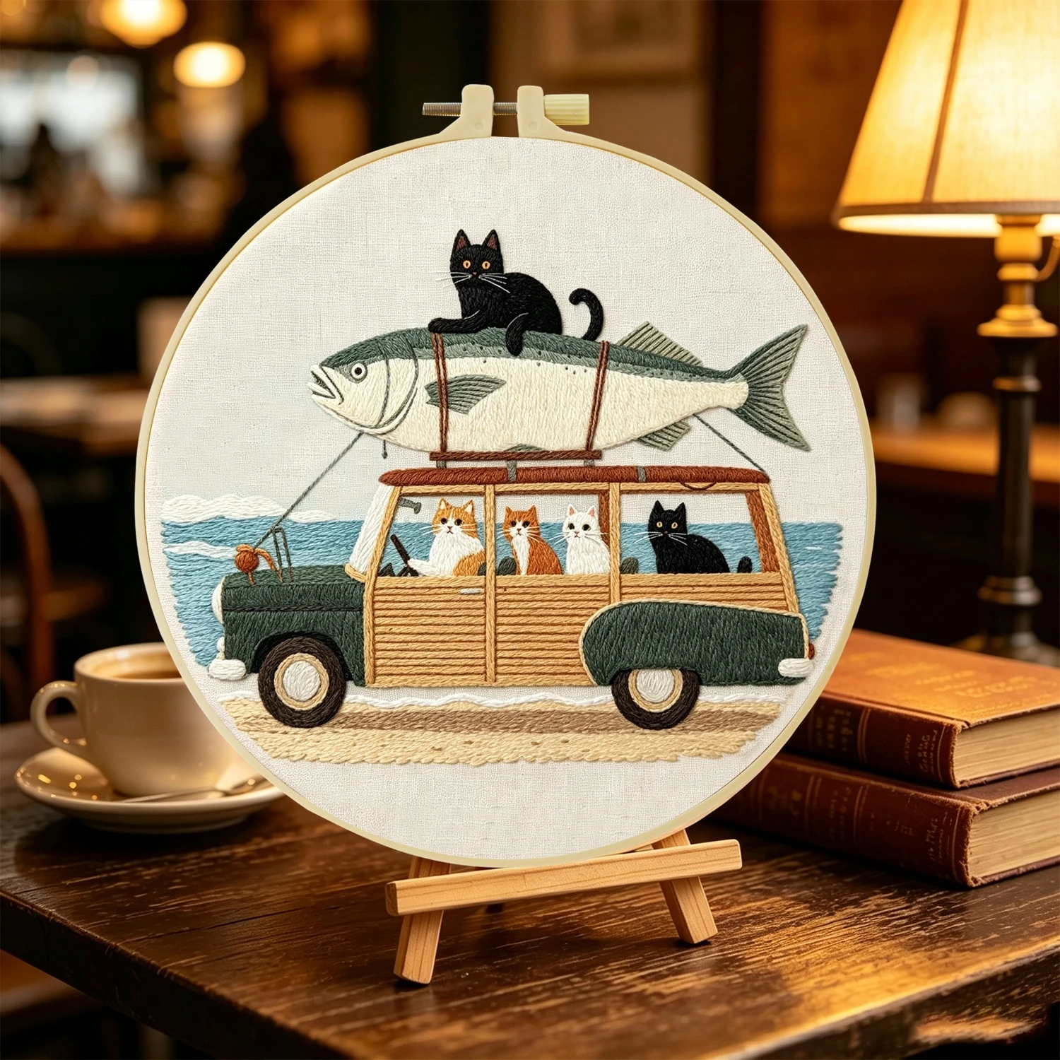 1 Set Auto-Dach Fisch-Katze-Stickerei-Set für Anfänger, DIY-Stickerei-Starter-Kit, Kreuzstich-Kunstgeschenk, Handarbeits-Bastelset – Detail 4