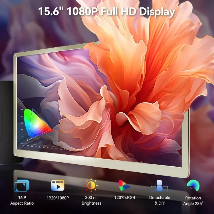 ضمان الأصالة. موسع شاشة الكمبيوتر المحمول 15.6 بوصة، 120% sRGB FHD 1080P IPS موسع شاشة الكمبيوتر المحمول الثلاثي مع Hub US