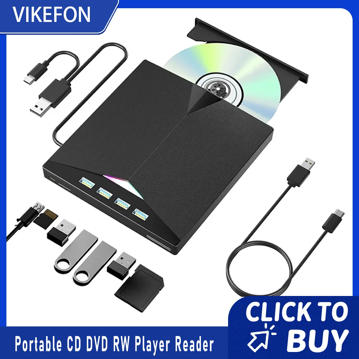 

Внешний привод для компакт-дисков/DVD 7-в-1, USB3.0 Type-C, портативный проигрыватель компакт-дисков, DVD RW, устройство чтения для ноутбуков, ПК, Windows с слотами для карт SD TF