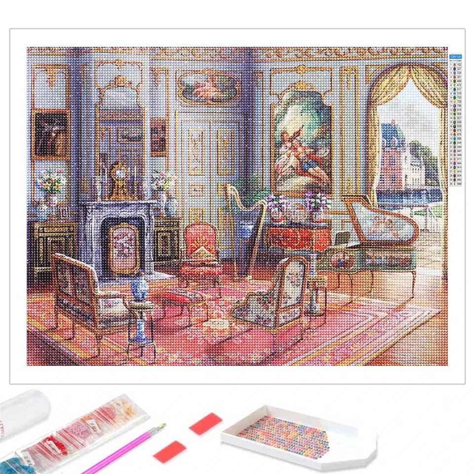 90 Colors AB Full Mosaic European Classical Indoor Landscape 5D Diamond Painting Embroidery House Creative Hobbies Decor Art