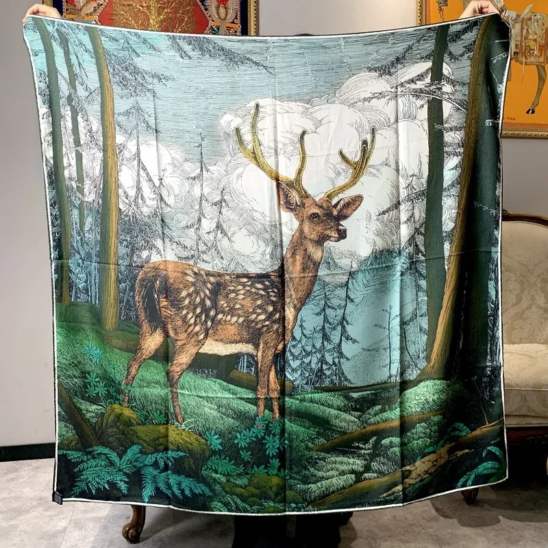 High-end Elegant Women's Exquisite Forest Elk Double-sided Print Quality Silk Wool Hand-rolled Edge Large Square Scarf Shawls