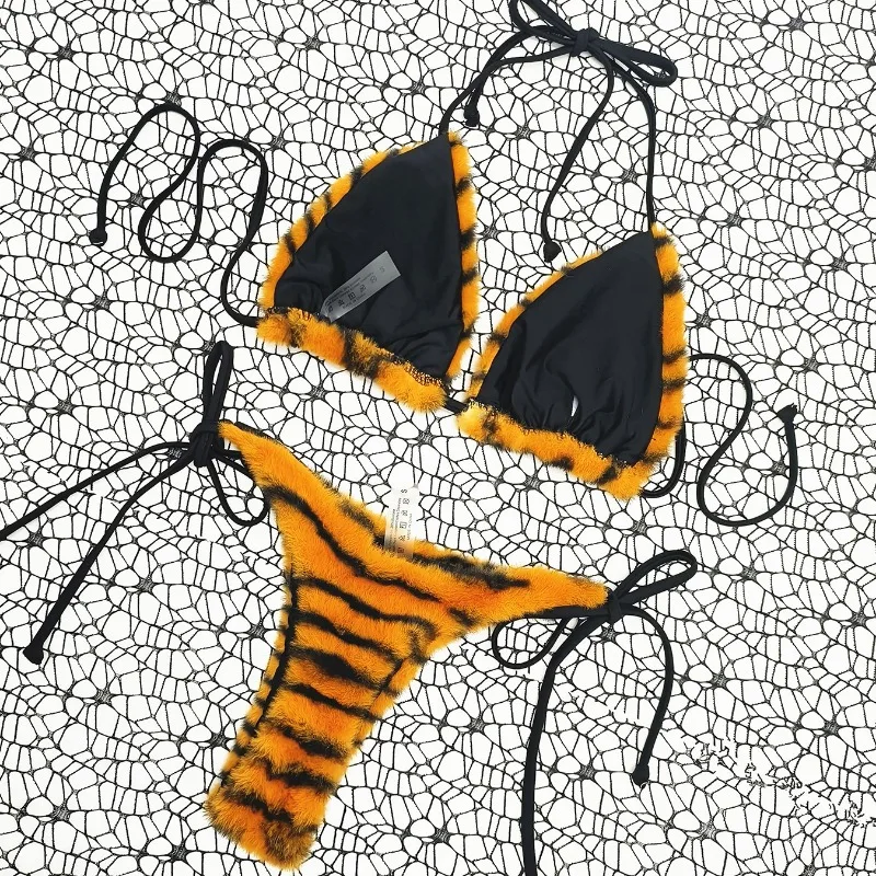 Tiger Stripes Fashion Bikinis Set Women\'s Sexy Swimsuits Split Strap Two Piece Female Adjustable Bikini Underwear Beach Yellow