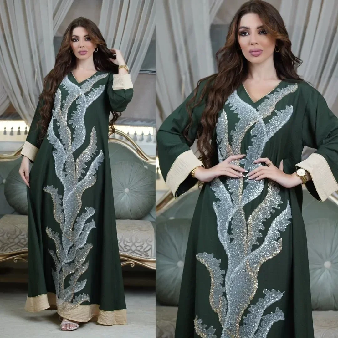 Imagem -04 - Vestido Árabe de Lantejoulas para Senhoras Abaya Longa Kaftan Dubai Túnica Muçulmana Rosa Luxo