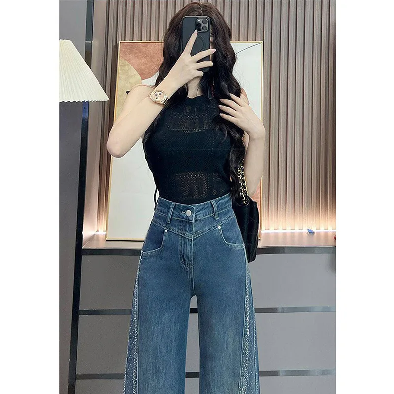 2026 Summer New Rhinestone Embellished Wide Leg Jeans for Women, Thin Vintage Flare Straight Leg Pants Trendy Spicy Girl