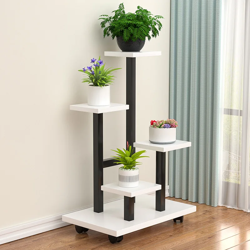 Wrought iron flower rack with wheel movable household floor flower pot rack multi-layer rack