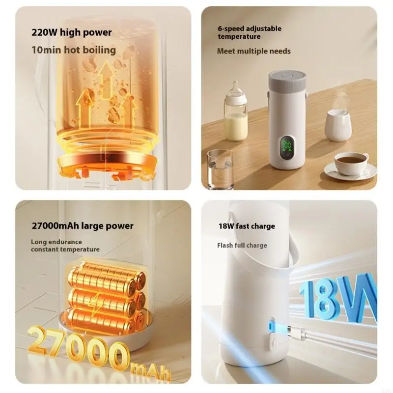 A5YC Electric Travel Kettle 350 มล. เครื่องทำความร้อนนมทารก 27000mAh แบตเตอรี่เดือดอย่างรวดเร็ว