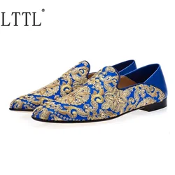 Luxury Gold Embroidery Canvas Shoes Men Rhinestone Loafers Party And Wedding Shoes Summer Flats Casual Shoes