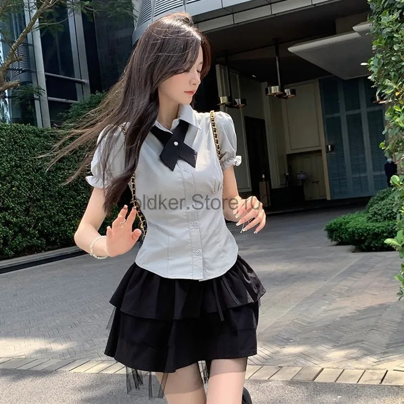 New Women's Summer Y2k Multi-Layered Mesh Cake Skirt Preppy Style JK Uniform Shirts with Tie High Waisted Mesh Skirt Streetwear