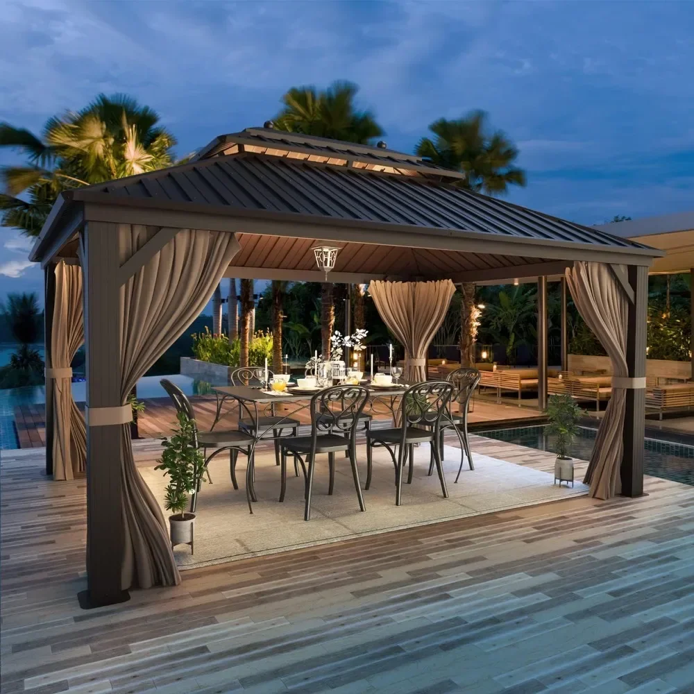 

10'x13' Hardtop Gazebo, Galvanized Steel Outdoor Aluminum Canopy with Netting and Shaded Curtains, Double Roof Pergolas