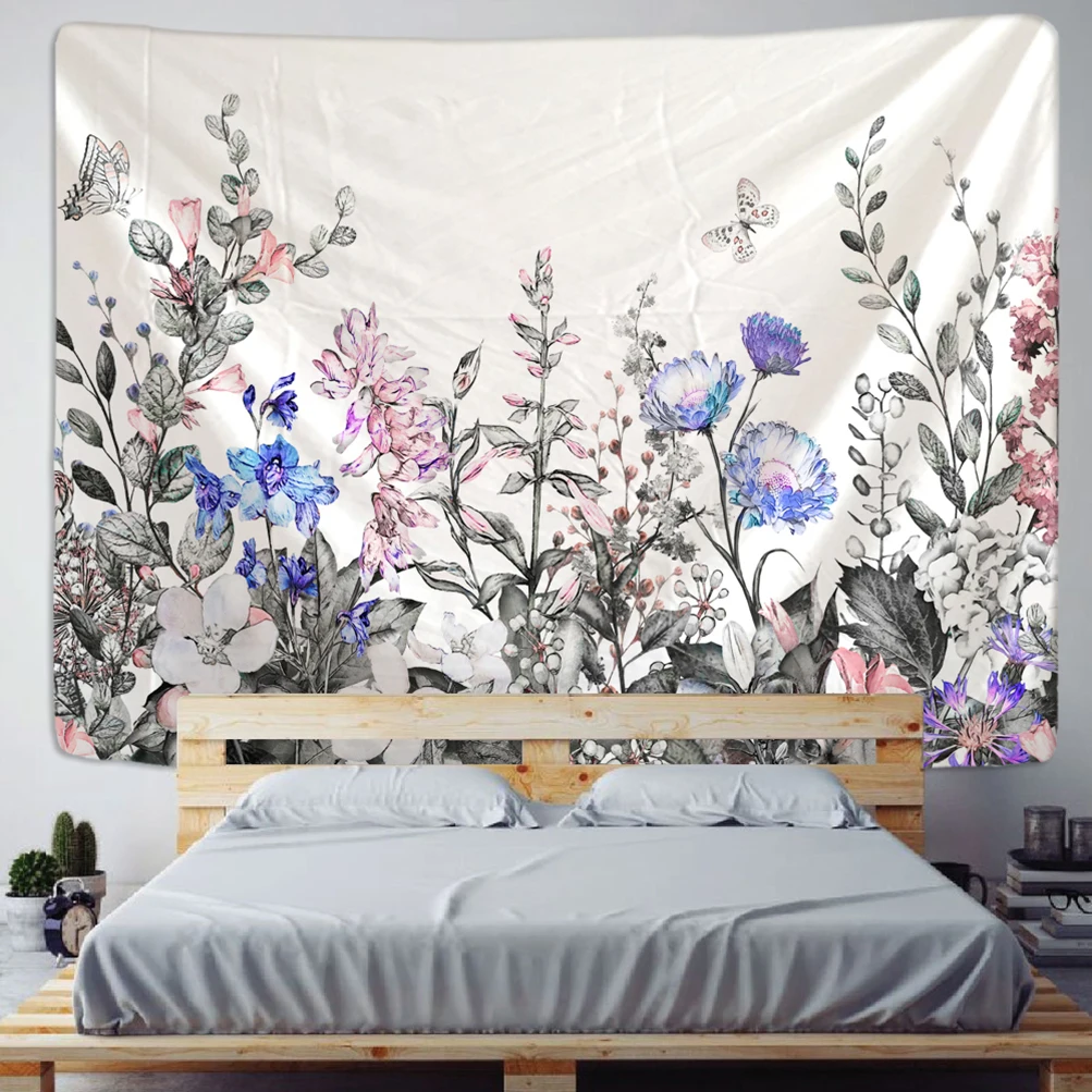 Botanical Floral Tapestry Polyester Fabric Wildflower Tapestry Spring Herb Wall Hanging Natural Watercolor Plant Leaves Tapestry