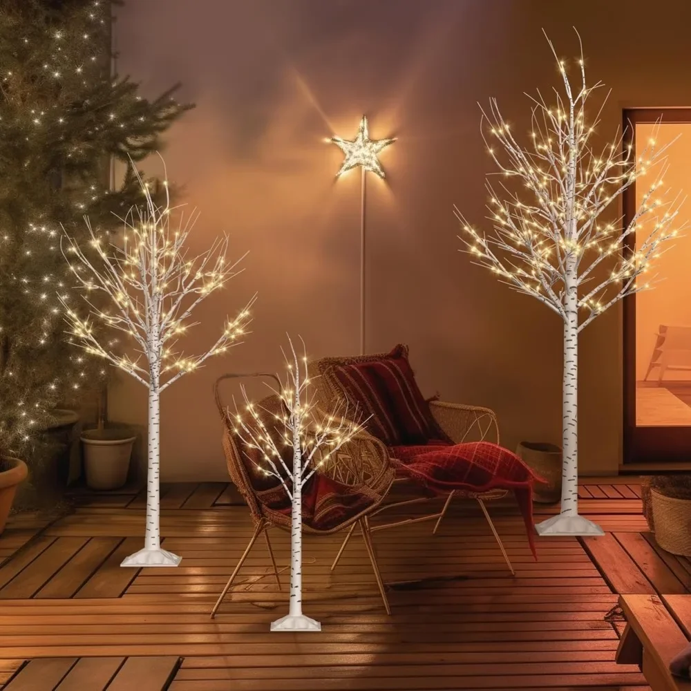 Outdoor Christmas Decorations Lighted Birch Tree Set of 3, Led Warm White Birch Tree 4 Feet 6 Feet and 8 Feet, Lighted Tree