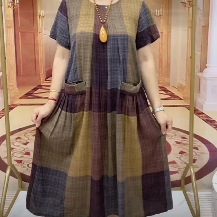 

plus Size Women's Dress Summer High End Large Checkered Elderly Friendly Comfortable Fit Polyester Fiber round Neck Short Sleeve