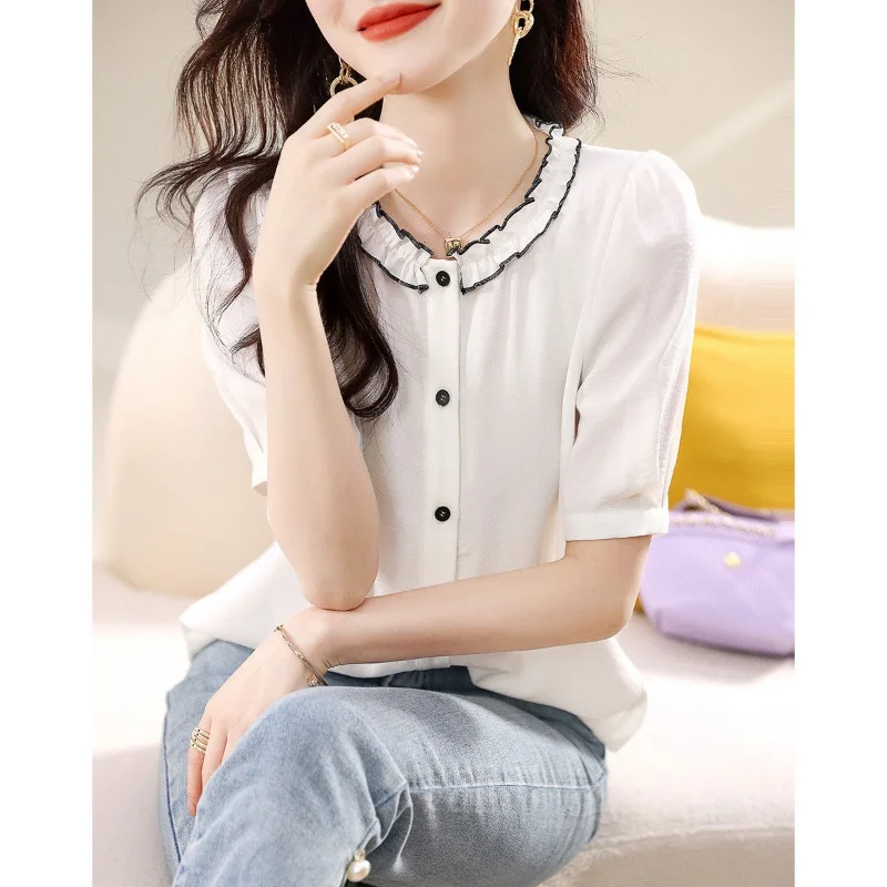 Summer Fashion Color Block Single-breasted Blouse Women Classic Short Sleeve O-collar All-match Office Casual Lady Shirt