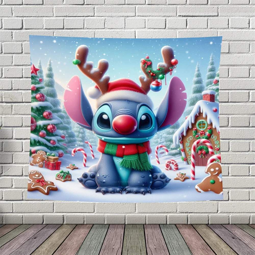 Stitch Tapestry Cute Cartoon Merry Christmas Wall Hanging Decor for Living Room Bedroom Tapestry Teens Holiday Gifts