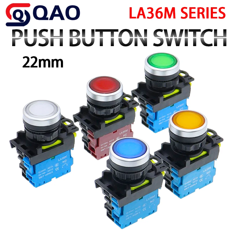 

22mm LA36M Plastic Switch With LED LA36M Plane Momentary Push Button Power Self-Locking Start 1NO/1NC illuminated Electrical