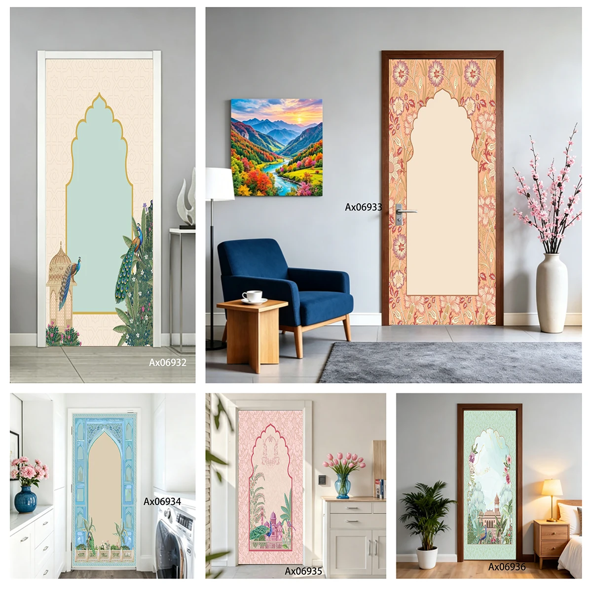Watercolor Light Green Garden Pavilion Peacock Floral Arch Door StickerWaterproof Vinyl Sticker