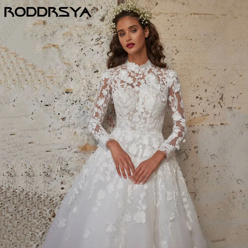 RODDRSYA-Vestidos De Novia De manga larga con cuello alto, Vestidos De princesa De tul con corte en A, encaje Sexy sin espalda, fiesta nupcial, 2024 Vestidos De Novia De manga larga con cuello alto, Vestidos De princes