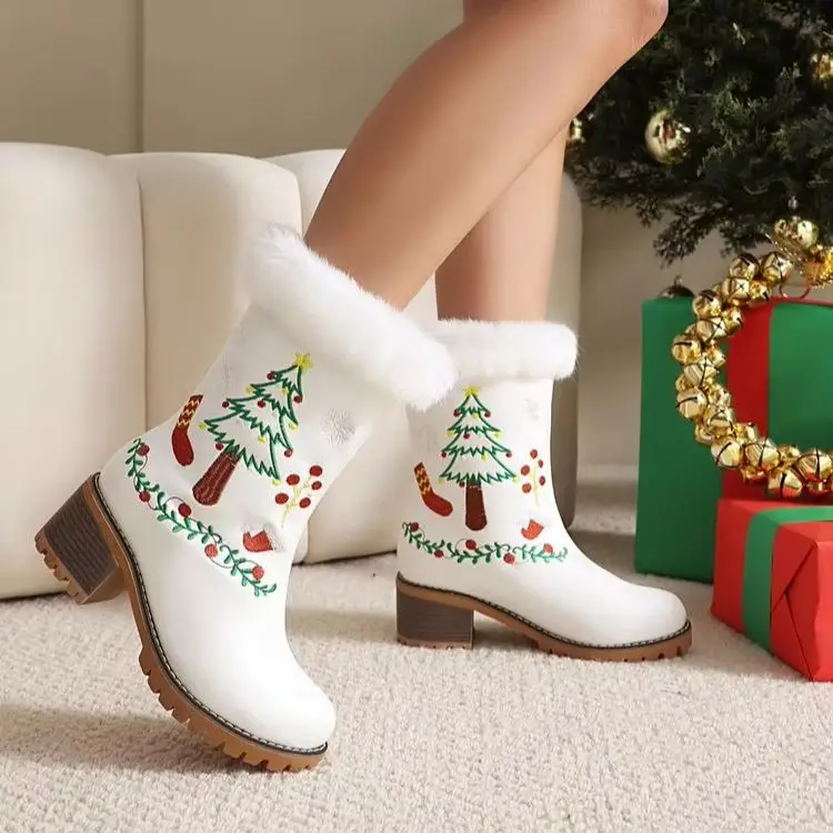 Women Christmas Embroidery Faux Fur Mid Calf Boots Round Toe Block Heel Warm Winter Festive Cute Pull-On Fashion Party BootsF606