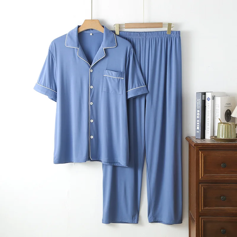 Simple Solid Color Bamboo Men's Pajamas Spring and Summer Short-sleeved Trousers Loose and Wearable Loungewear Suit