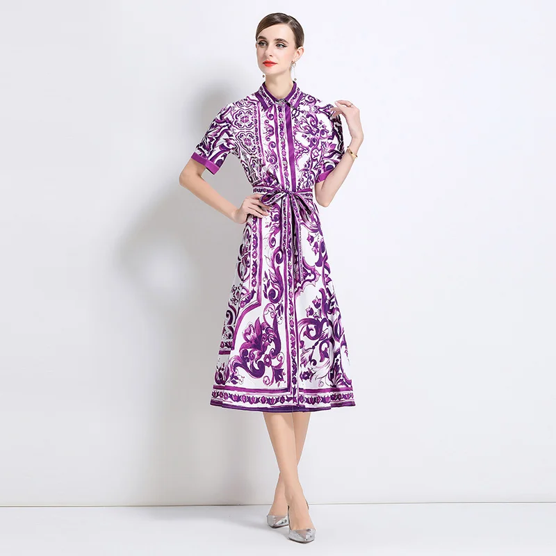 Cárdigan Abierto con Estampado Floral Morado Ele, Falda Tipo A con Cinturón, Tela de Poliéster, Estilo Casual para Mujer