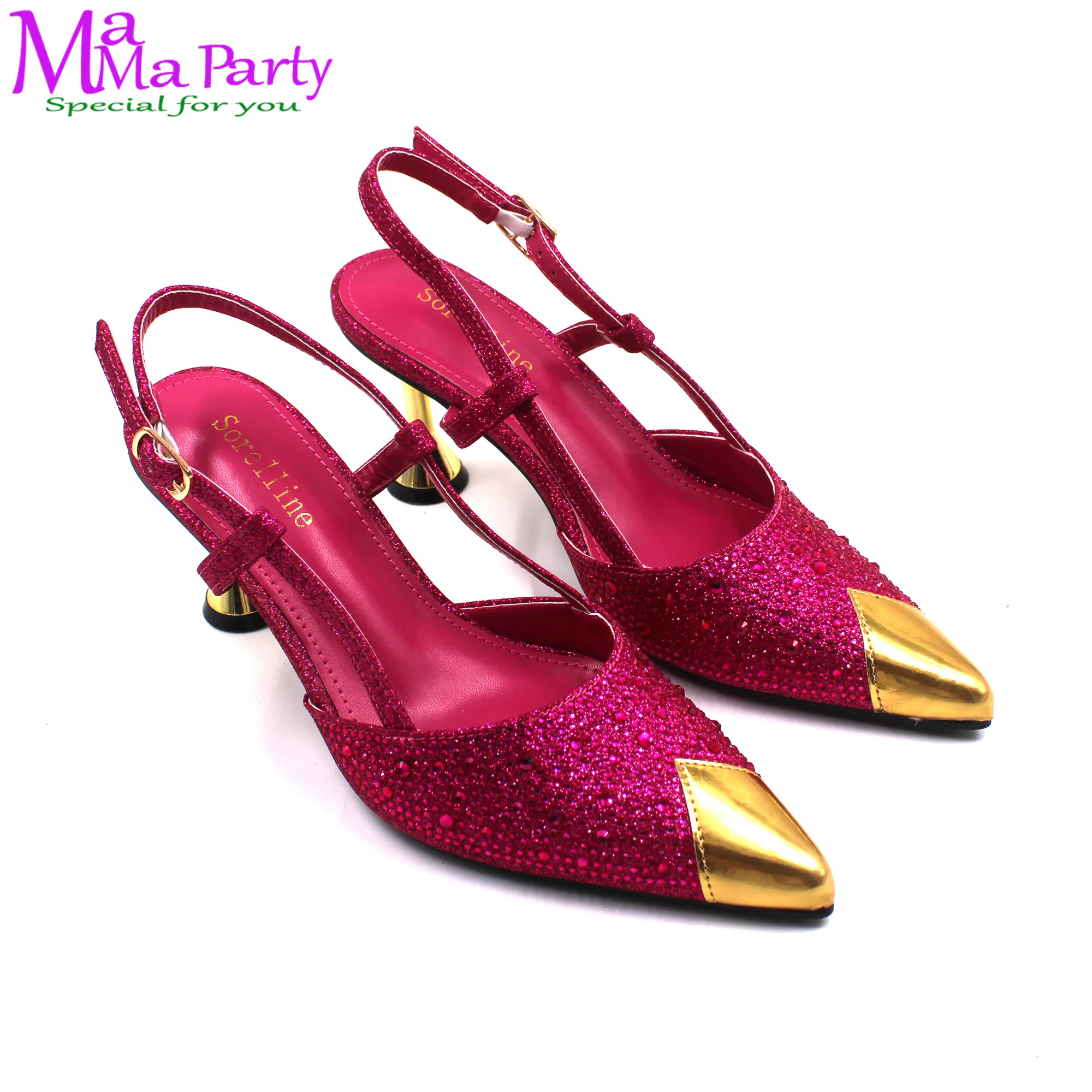 2024 Sexy Office Ladies Shoes and Bag Set High Quality New Design Pointed Toe with Crystal  Fuchsia Color for Party
