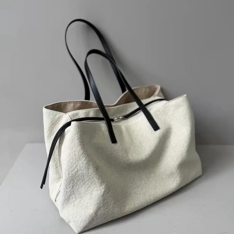 Casual Linen Tote Bag Pure Color Retro Large Capacity Commuting Fitness Women's Handbag Soft Handle Double Shoulder Strap