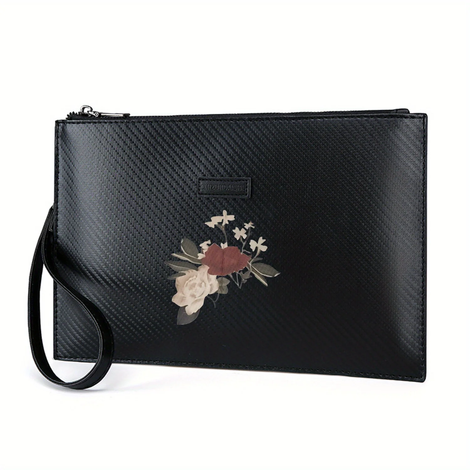 فن الأزهار الرقيق على خلفية داكنة حقيبة يد رجالية أنيقة مطبوعة من البولي يوريثان عصرية وعملية للحمل اليومي