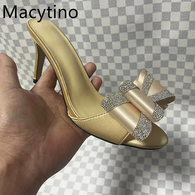 2024 Summer New Bow Diamond Sexy Sandals Women\'s  Open Toe Fashion High Heels Slippers