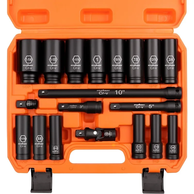 

19-Piece 1/2 Impact Socket Set | SAE (3/8-Inch to 1-1/14") | 6 Point Impact Socket Set 1/2 Drive with Case | Cr-V Steel