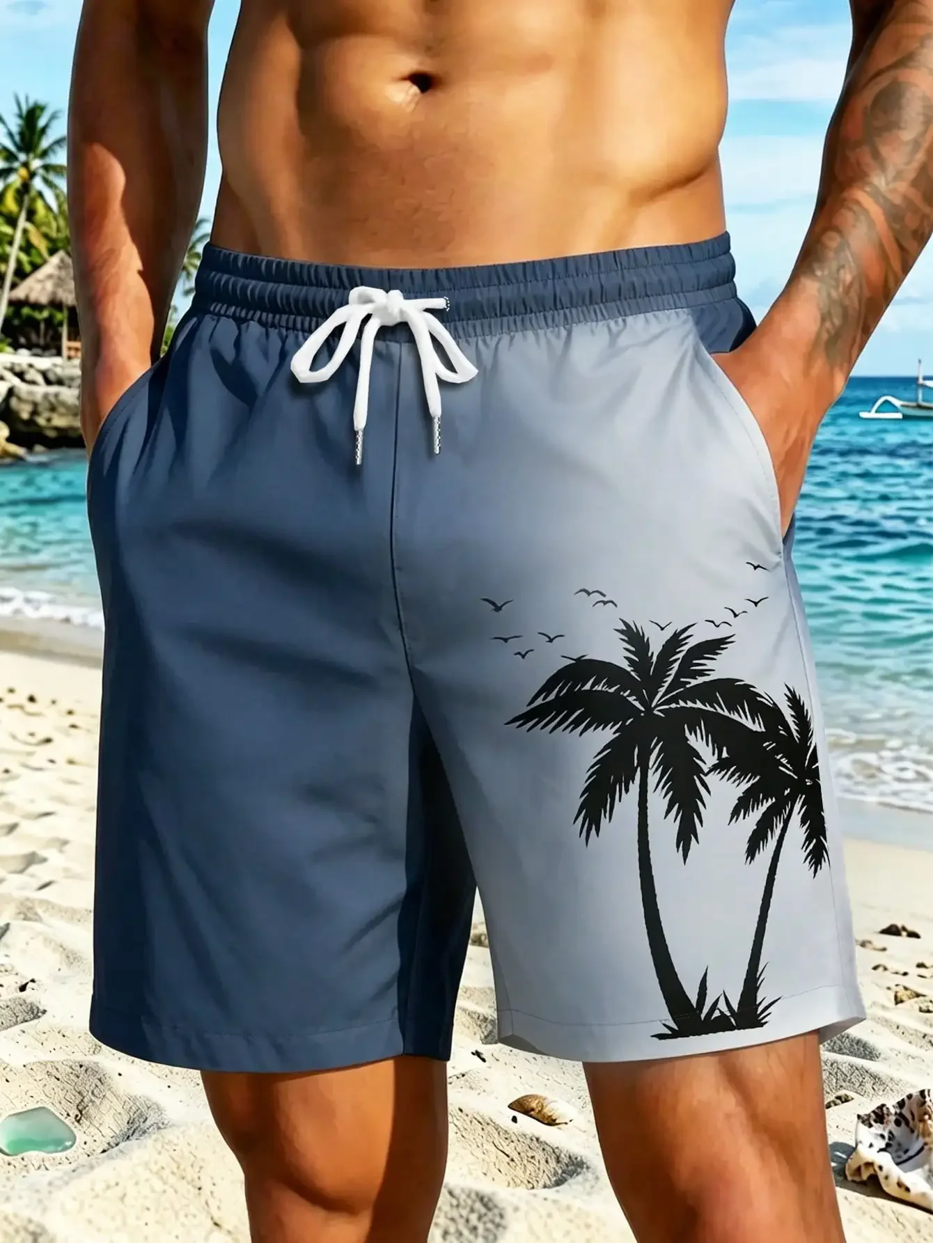 

Men's Summer Quick-Dry Single-Layer Unlined Beach Shorts, Holiday Casual Outdoor Coconut Tree Gradient 3D Digital Print Pattern, Fashionable Casual Daily Elastic Drawstring Shorts