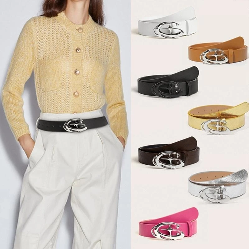 

652F Waist Belt Round Buckle Classical Skinny Belt for Dress Casual Wear PU Skinny Belt for Wrap Dress Pants