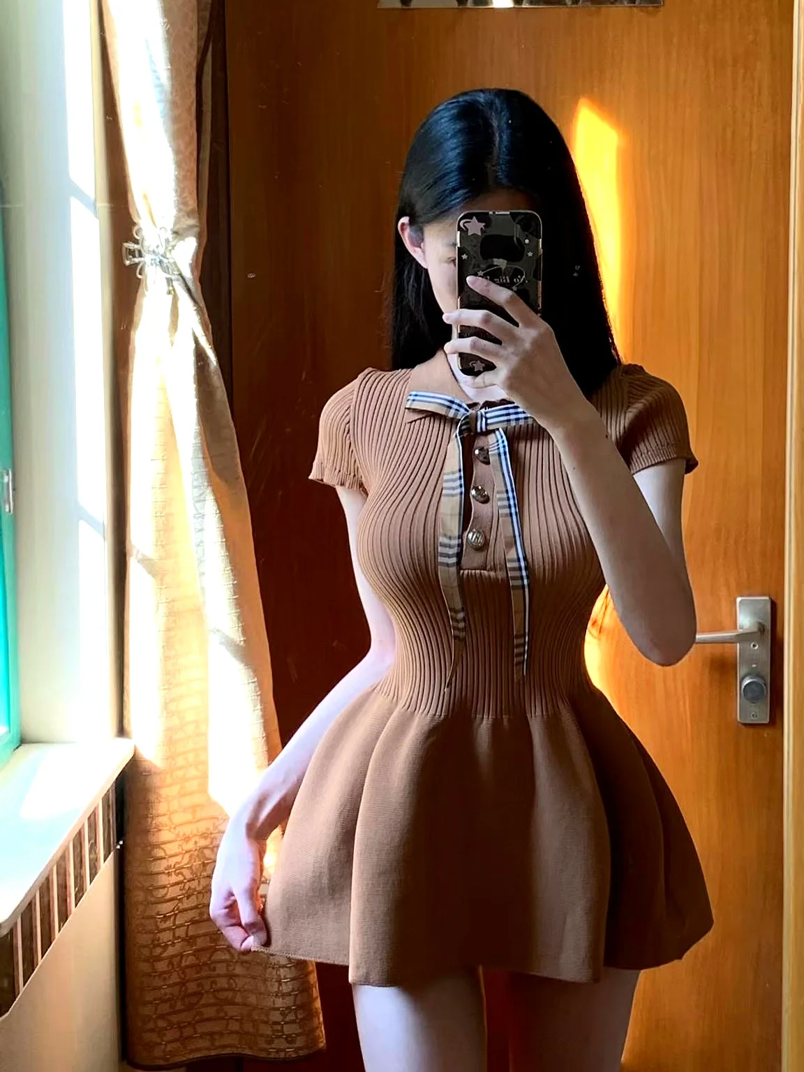 

LXYG Summer New College Style Collar Knot Small Size Women's Slimming Knitted Flower Bud Skirt Dress