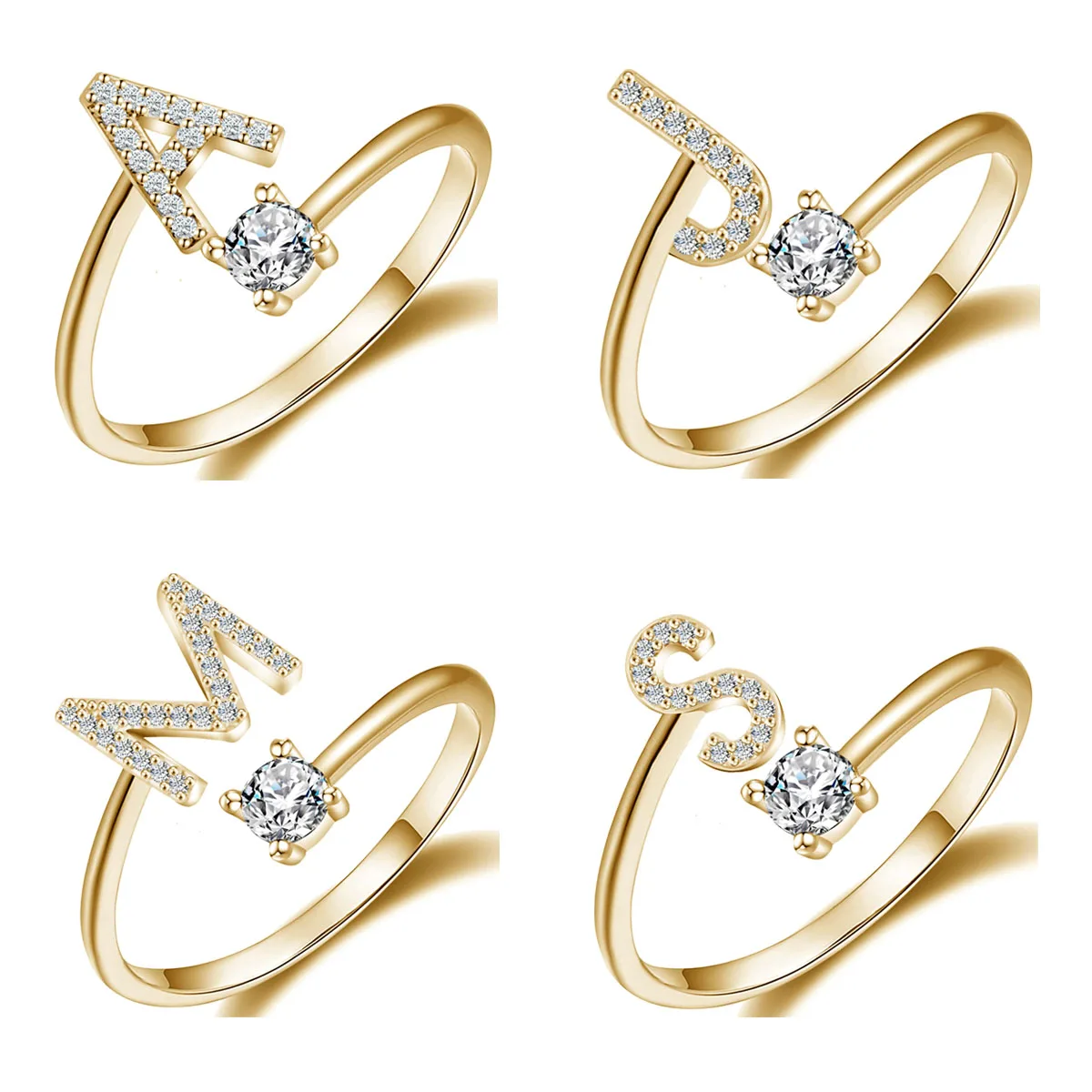 Pierwsza litera pierścionek dla kobiet dziewcząt złote pierścienie alfabetyczne z początkowymi regulowanymi pierścieniami początkowymi kryształowe inkrustowane