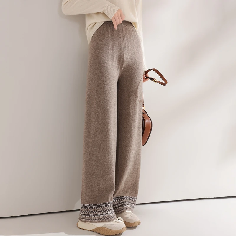 Pantalon en cachemire épais pour femme, jambes larges, décontracté, ample, torsadé, fleur, 100% laine mérinos, tricot populaire, automne et hiver