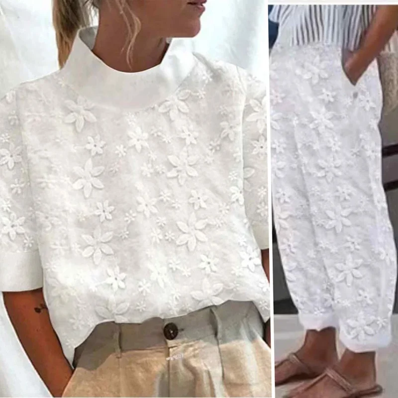 2024 Lady Loose Two Pieces Suits Women\'s Hollowed Out Cotton Linen Lace Suit Spring Summer Casual Pockets Solid Color Top+Pants