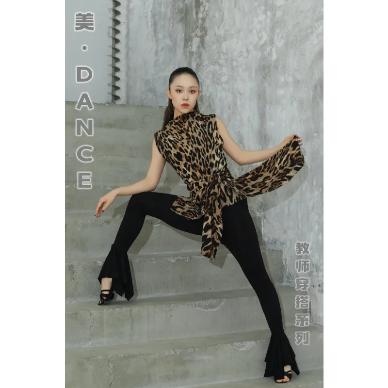 Customized Latin Dance Dress New Practice Outfit Teaching Class Leopard Print Mesh Sleeveless Lace Up Cover Dress