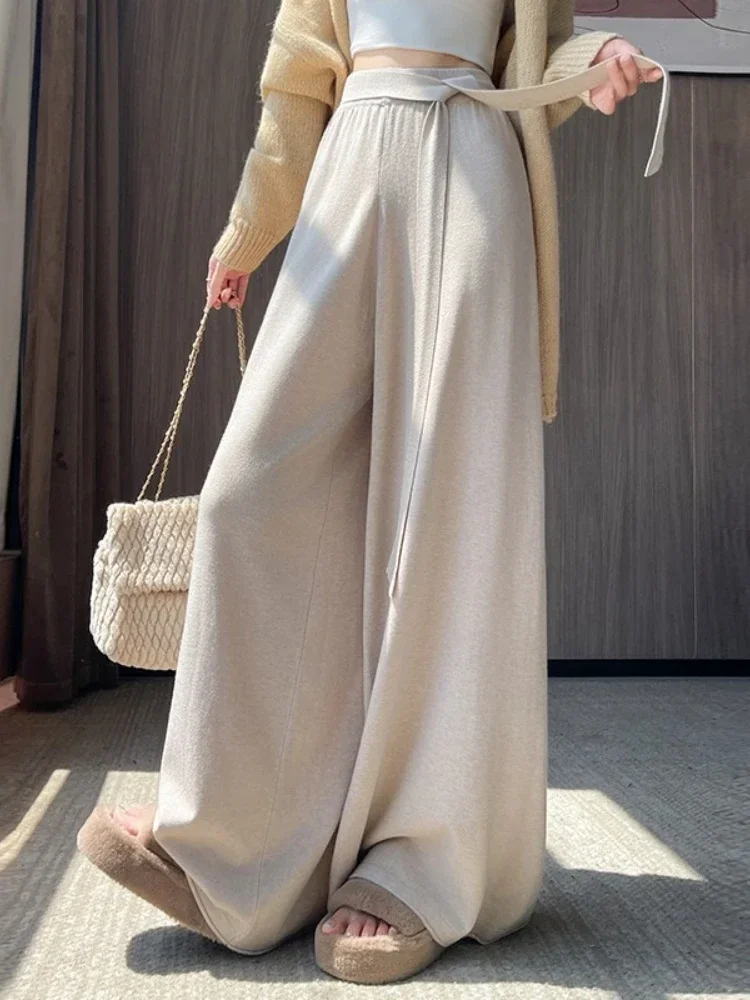 2026 Autumn Winter High Waist Figure Flattering Lazy Drape Casual Versatile Trousers Korean Tie Waist Women Knit Wide Leg Pants