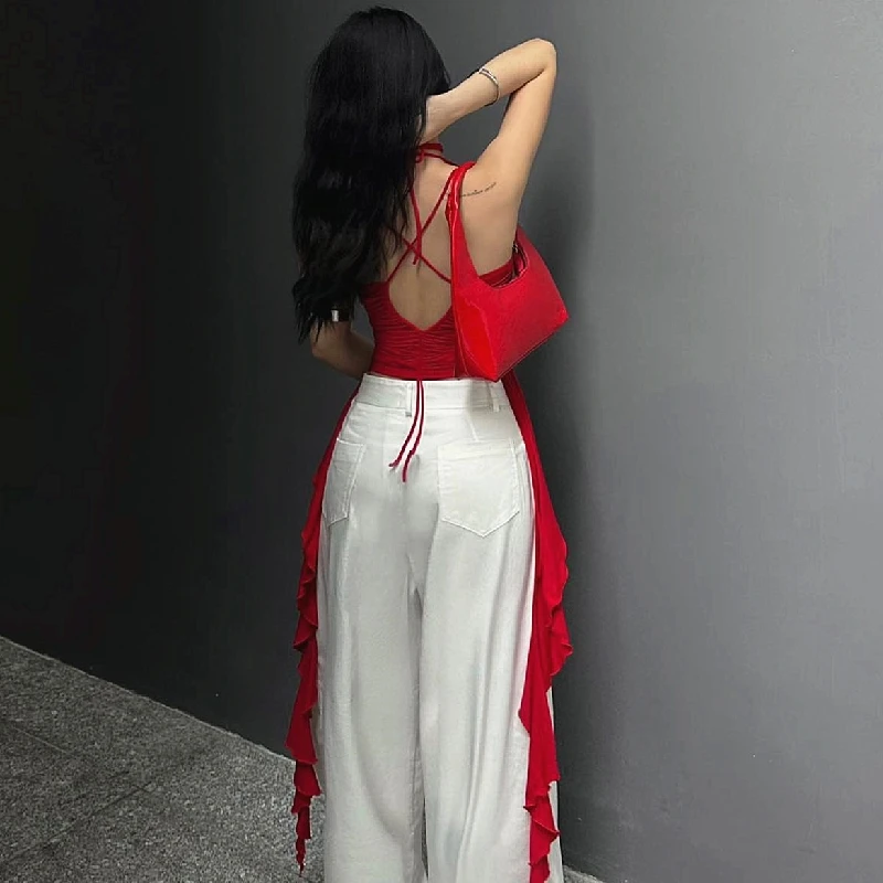 Xeemilo Vintage Red Off Shoulder Tank Top Y2K Chic 3d Flower Ruffles Backless Crop Tops Summer 2023 Sexy Pleated Halter Camisole