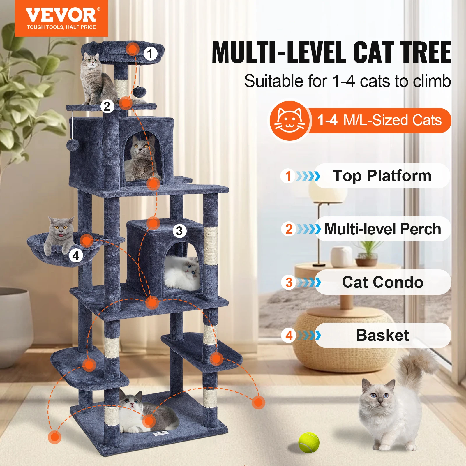 VEVOR Cat Tree Eighth Floor Standing Cat Tower with Scratching Post Hammock Cat House with Hanging Ball Cat Activity Center