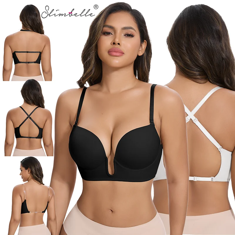 

Slimbelle Deep V Bra Women High Stretch Push Up Gathered Lingerie Invisible Backless Bralette Adjustable Strap Low Cut Underwear