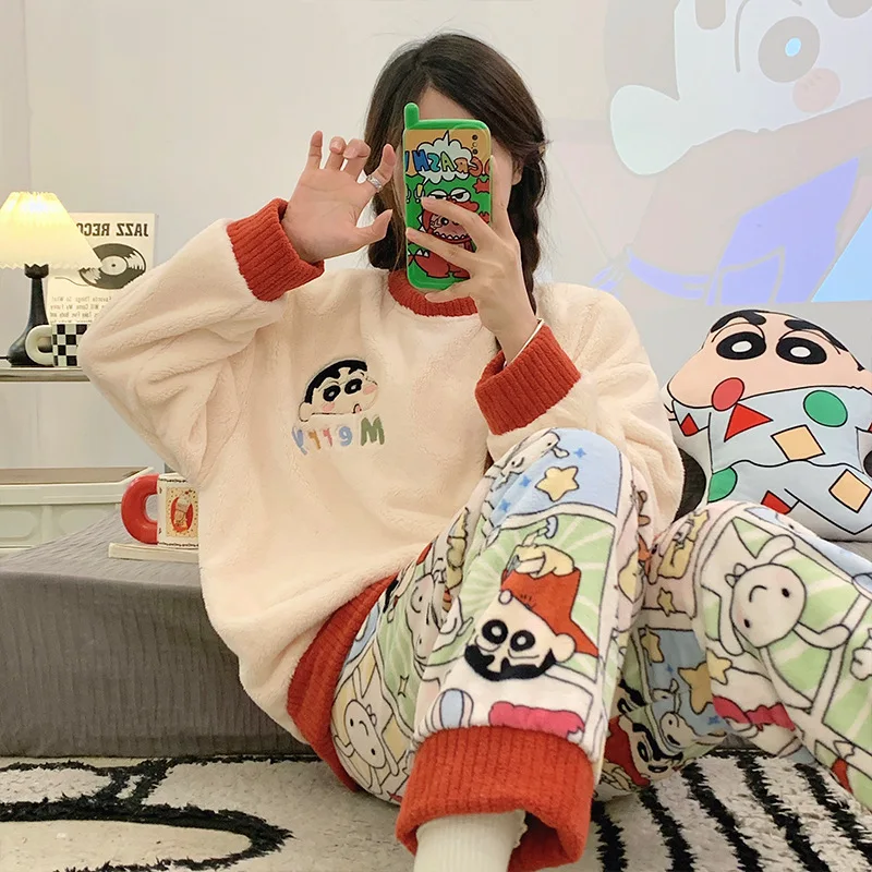 New Crayon Shin-chan Coral Velvet Women Pajamas Fall Winter Thickened Long-sleeved Pants Two-piece Cute Loose Warm Homewear Suit